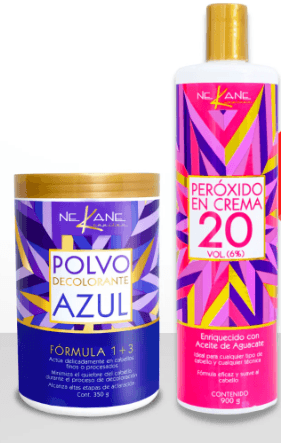 JUEGO de Polvo decolorante azul 1+3 350g y Péroxido 20 Vol. 900 gr. NEKANE